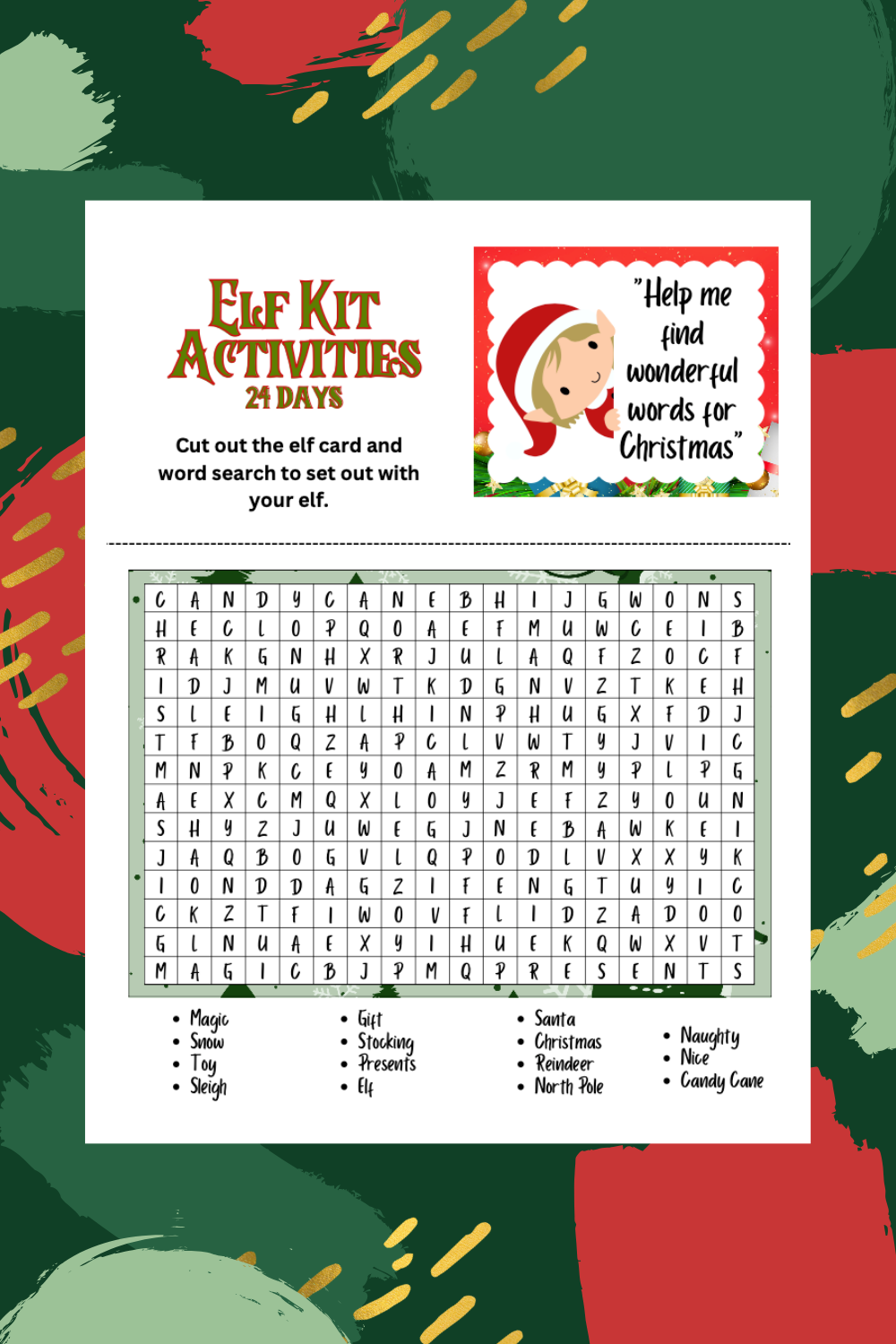 Dive into a printable word search puzzle with a Christmas theme, featuring words like "Magic," "Sleigh," and "North Pole." A cartoon elf from the 24 Day Elf Bundle eagerly asks for help finding festive words.