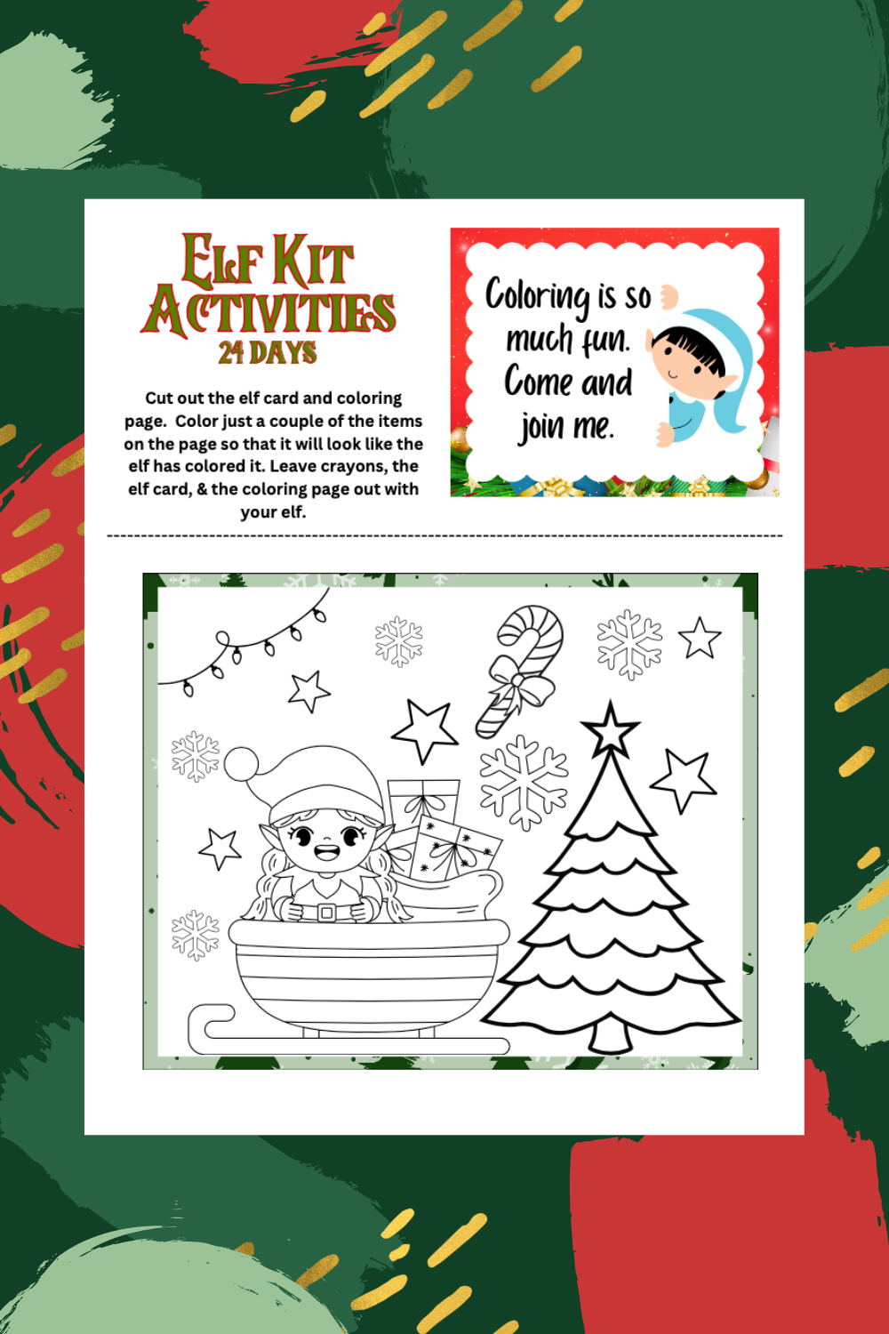 Elf-themed coloring activity sheet, part of our Elf Bundle, features an illustrated elf, Christmas tree, and snowflakes. Instructions suggest cutting and coloring. Text reads: "Coloring is so much fun. Come and join me." Perfect for a festive 24-day countdown!