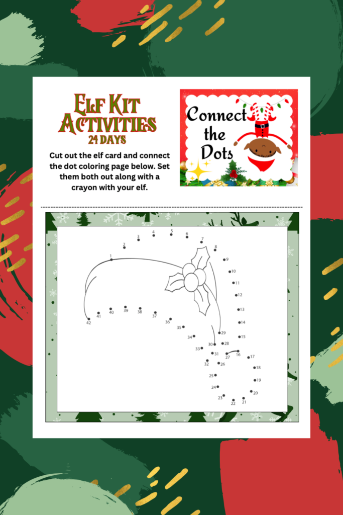 This printable elf-themed connect-the-dots activity features a charming reindeer illustration, bordered by a festive green and red pattern. Included in the 24-day Elf Bundle, it offers instructions for cutting and coloring to add holiday cheer to your season.