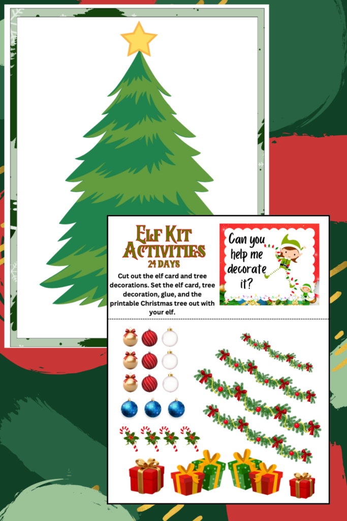 A Christmas tree with a gold star and an Elf Bundle activity kit featuring various decorations, including ornaments, garlands, and presents, alongside printable instructions and a whimsical elf illustration.