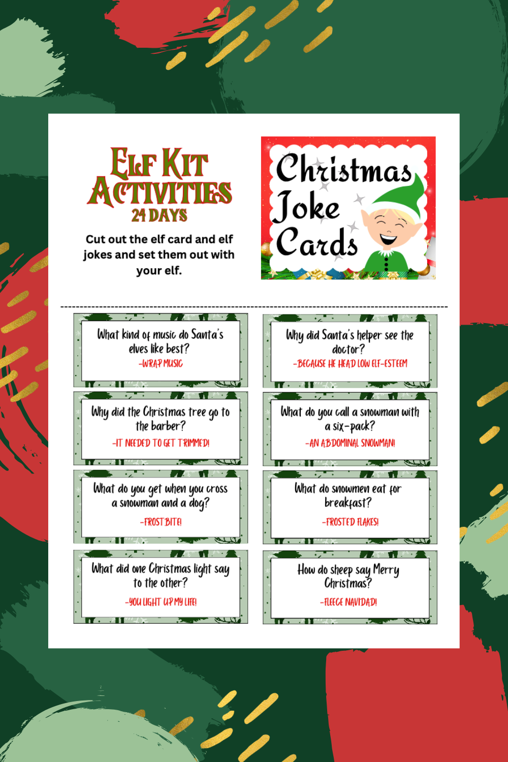 Introducing the "Elf Bundle" - a Christmas-themed activity sheet packed with jokes and delightful elf illustrations. Titled "Elf Kit Activities - 24 Days" and "Christmas Joke Cards," this printable set is perfect for seasonal fun!