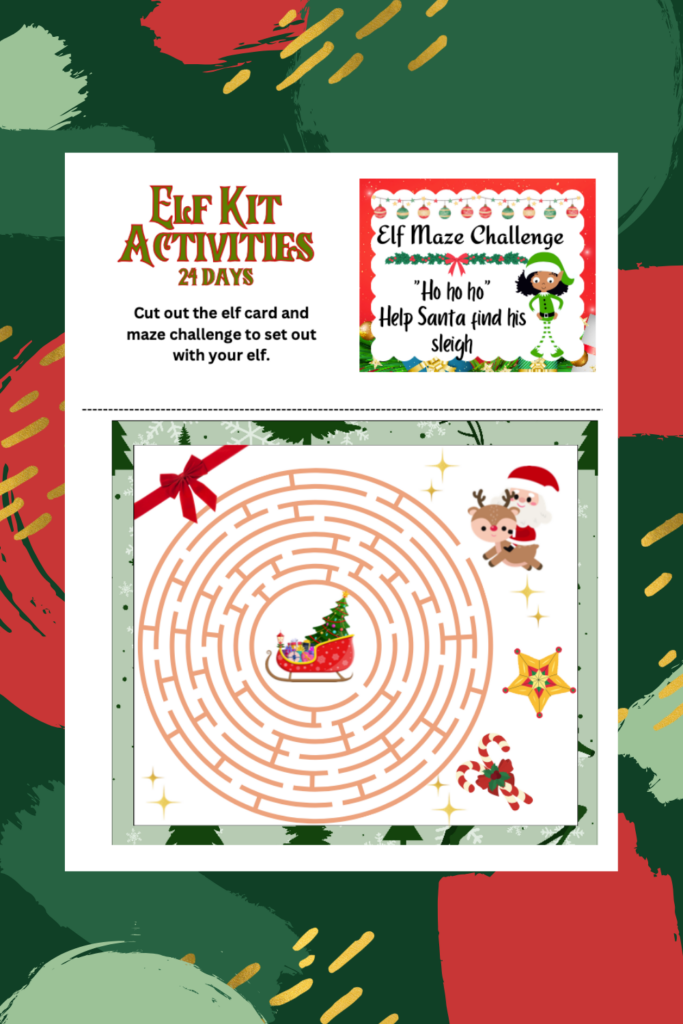 Christmas-themed maze activity with an elf and sleigh. Text reads, "Elf Maze Challenge: Help Santa find his sleigh." Part of a 24 Day Elf Bundle, it includes decorative elements like stars and candy canes for a festive touch.