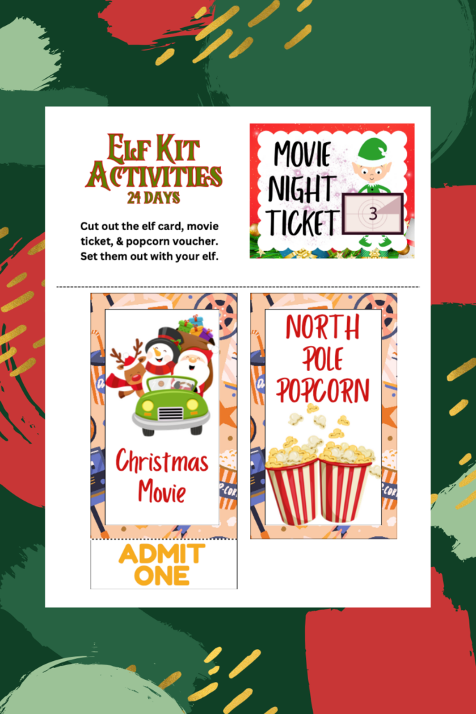 Dive into holiday fun with our 24 Day Elf printable bundle! This festive kit includes a movie night ticket, a Christmas movie card, and a North Pole popcorn voucher.