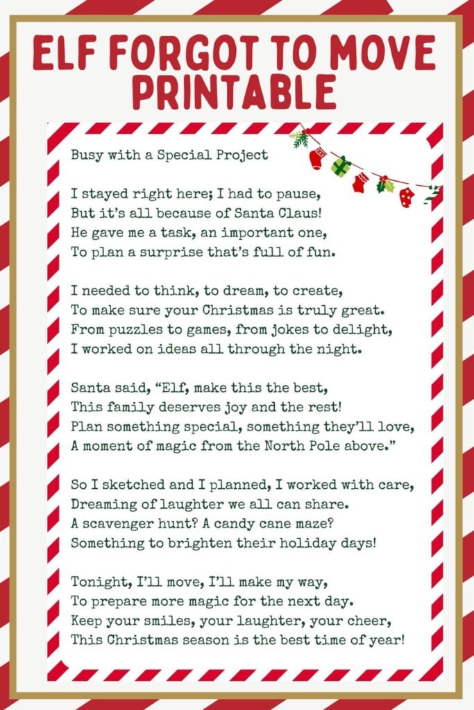 Discover our festive free printables featuring "Elf Forgot to Move," a playful poem about holiday preparations and creativity. Adorned with charming garlands, this delightful design adds a whimsical touch to your celebrations.