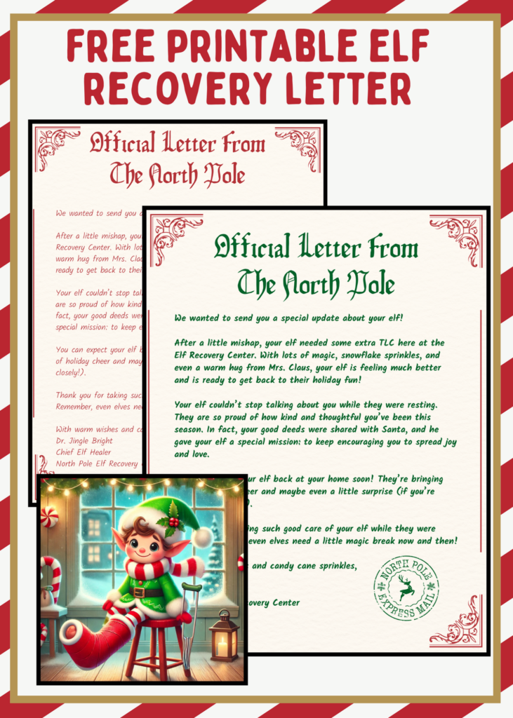 Free printable, elf-themed recovery letter templates with decorative borders, featuring a festive elf illustration in the corner. Text includes holiday greetings and a message from the North Pole Recovery Center.