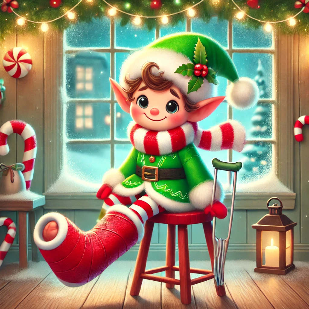 A cheerful elf with a green hat and sweater sits on a stool, his leg in a red cast with candy cane stripes, representing his spirited recovery. By his side is a crutch, framed by a snowy window and festive decor—a perfect scene for an elf recovery free printable card.