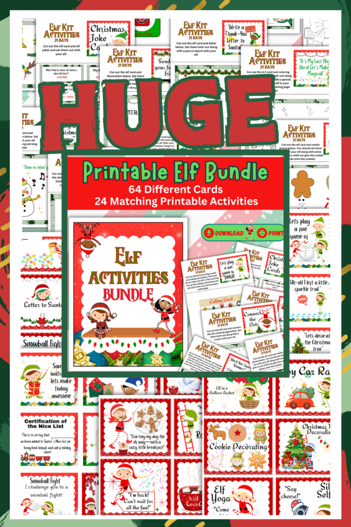 Collage of printable elf-themed activity cards featuring titles like "Elf Activities Bundle" and "64 Different Cards." This festive Elf Bundle offers vibrant designs, perfect for a 24-day holiday countdown.
