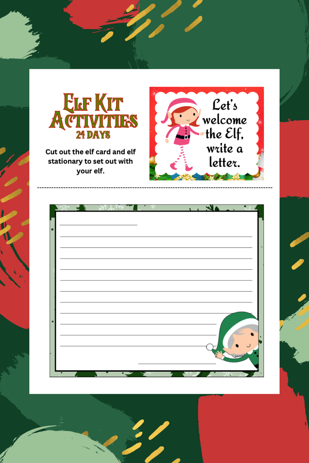 This Elf-themed activity sheet is part of a festive Elf Bundle, complete with stationery for writing a letter. It includes easy instructions to cut out and set with an elf. Enjoy the bright, festive design throughout this 24 Day printable adventure!