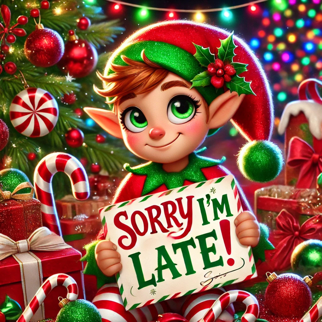 A cheerful elf in a festive setting holds a sign reading "Sorry I'm Late," offering one of the classic Late Elf Excuses. Around him, an array of Christmas decorations and gifts add sparkle, embodying the spirit of great ideas for holiday cheer.
