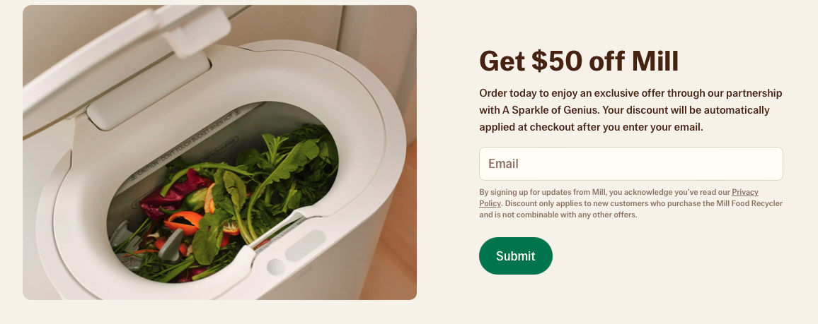 Discover our open food recycler, perfect for managing vegetable scraps. Enter your email next to the image to submit and claim a $50 discount with our exclusive mill food recycler promo code.