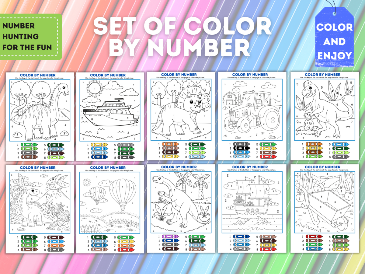 Set of ten color-by-number pages featuring various scenes, including dinosaurs, a tractor, a boat, and a rocket, with corresponding color keys below each image.