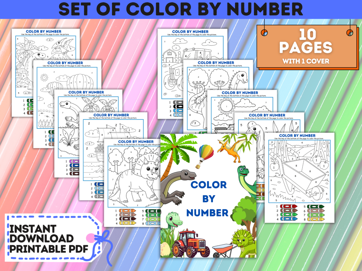 Color by Number set with 10 pages and cover. Includes images of a dinosaur, rocket, tractors, unicorn, among others. Instant download printable PDF.