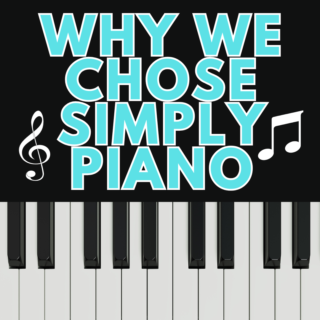 Text on a background of piano keys reads, "Why We Chose Simply Piano," with a treble clef and eighth note symbol. Discover how to get a free trial for Simply Piano today and start your musical journey with ease.