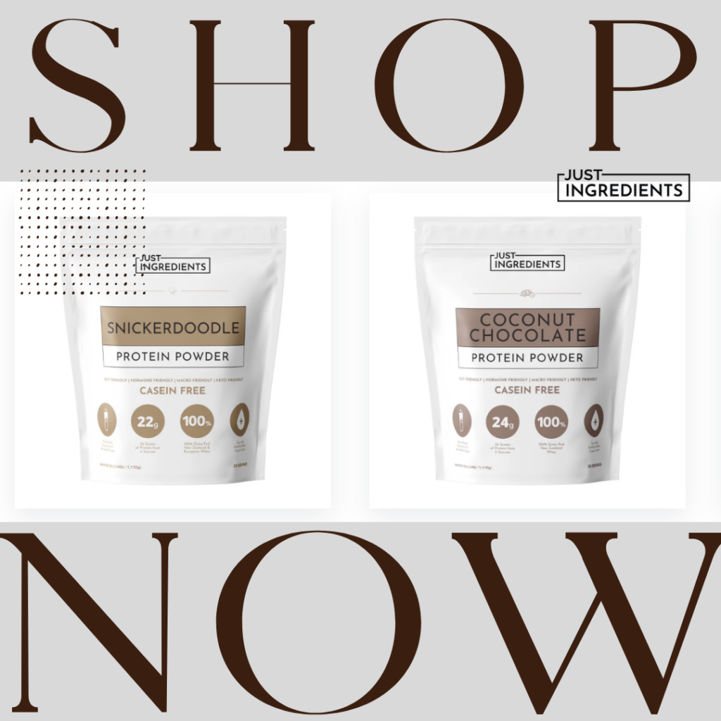 Two bags of Just Ingredients protein powder, Snickerdoodle and Coconut Chocolate flavors, are displayed with "SHOP NOW" in bold—don’t miss out on using a Just Ingredients Coupon Code for extra savings!.