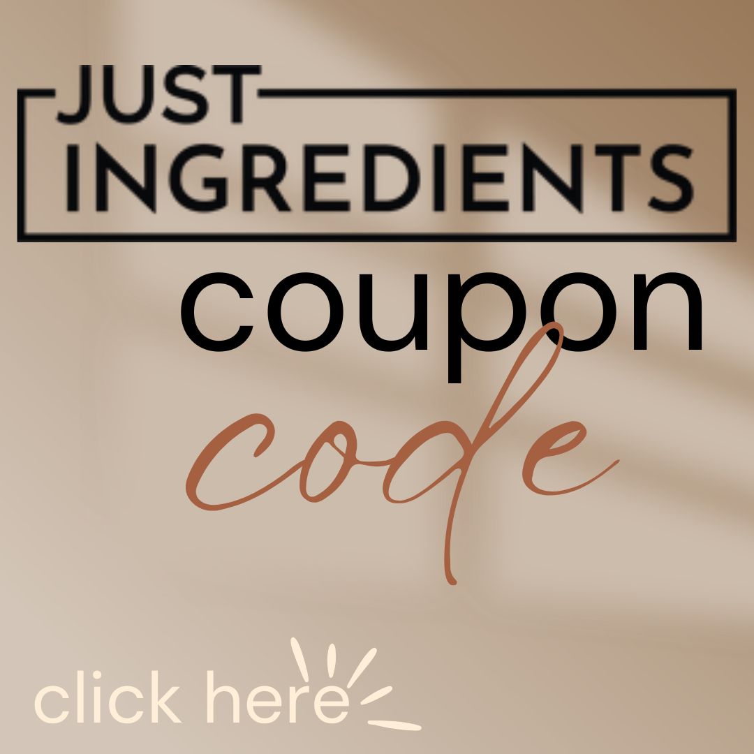 Text reads &ldquo;JUST INGREDIENTS coupon code click here&rdquo; on a beige background with a shadow effect&mdash;find your justingredients discount easily.