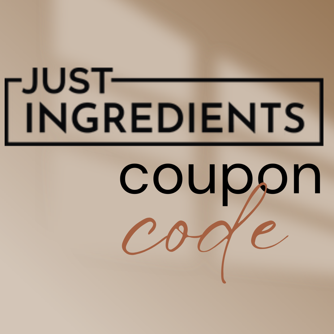 Just Ingredients Coupon Code text displayed on a beige background with shadows, featuring a justingredients discount for your next purchase.