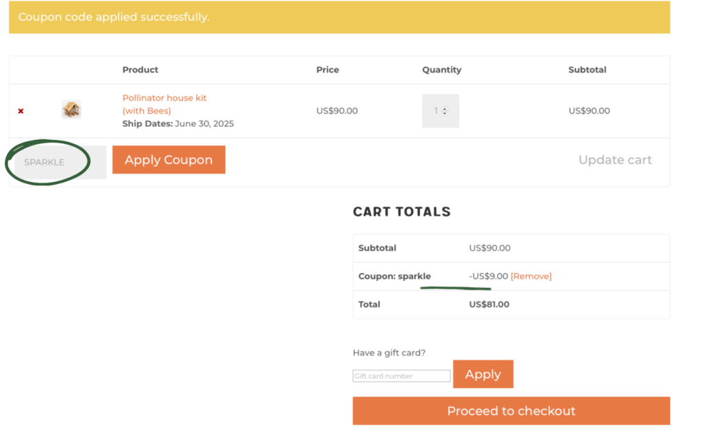 Shopping cart page features a pollinator house kit for $90.00, with a Kind Bee Farms coupon “sparkle” applied for a $9.00 discount on your bees order. Options to update the cart or proceed to checkout are available.