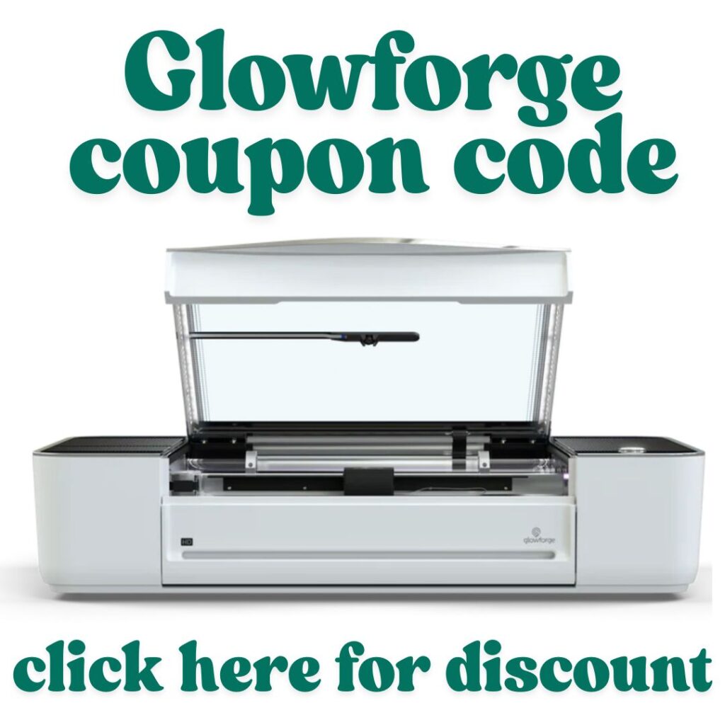 A Glowforge laser cutting machine with the lid open, accompanied by text promoting a coupon code and a clickable discount offer.