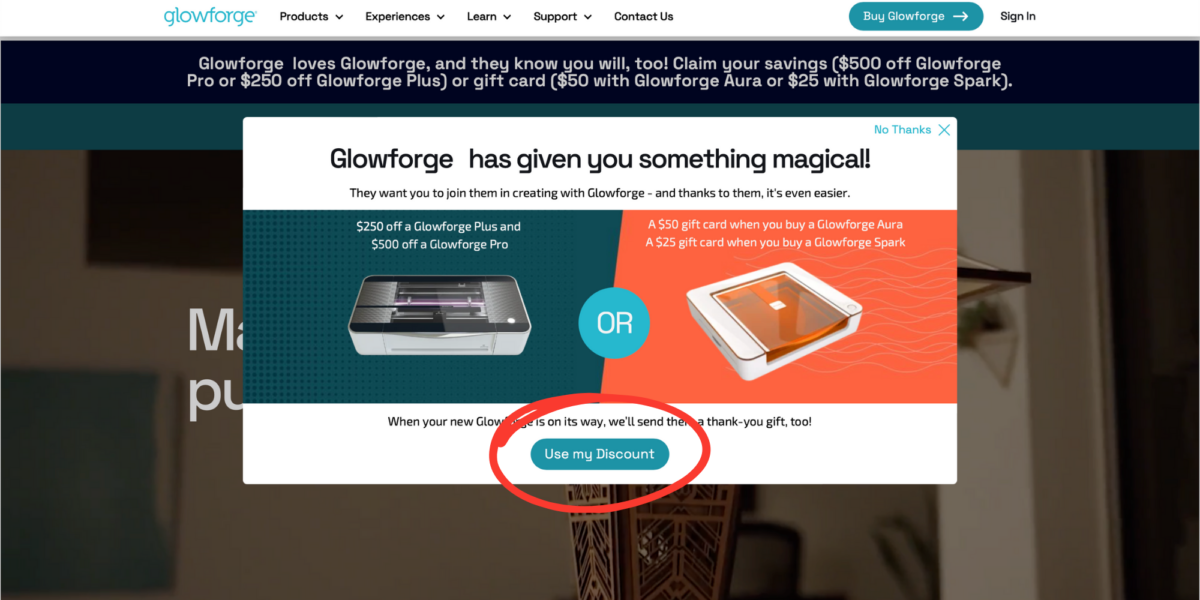 A pop-up offer on the Glowforge website displays a Glowforge discount for Pro and Spark, with a button labeled "Use my Discount" circled in red.
