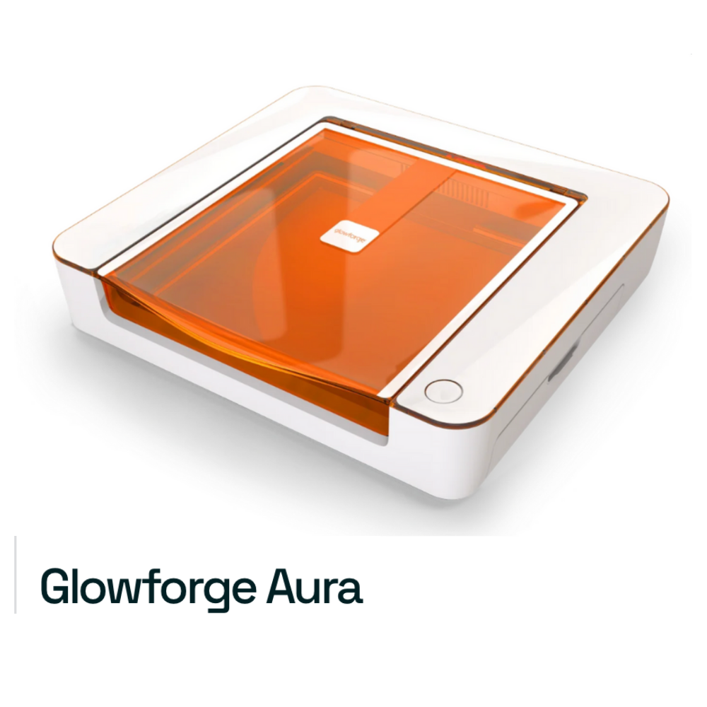 A white and orange Glowforge Aura laser cutter and engraver against a plain background, with the product name shown below. Save up to $500 with a Glowforge Promo or Coupon Code for your next creative project.