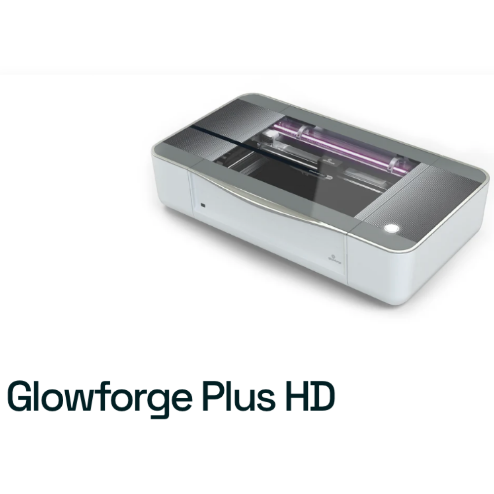 A Glowforge Plus HD laser cutter and engraver with a glass lid, shown on a white background. Unlock savings with a Glowforge promo or discount when you purchase yours today.
