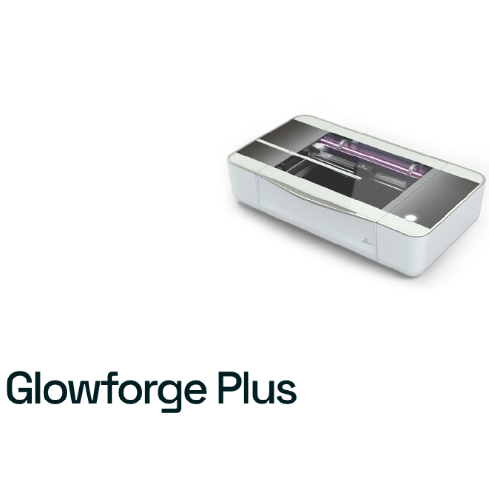 A Glowforge Plus laser cutter and engraver machine with a glass top, shown on a white background. Save $500 with a Glowforge Promo—perfect for makers who want precision and style.