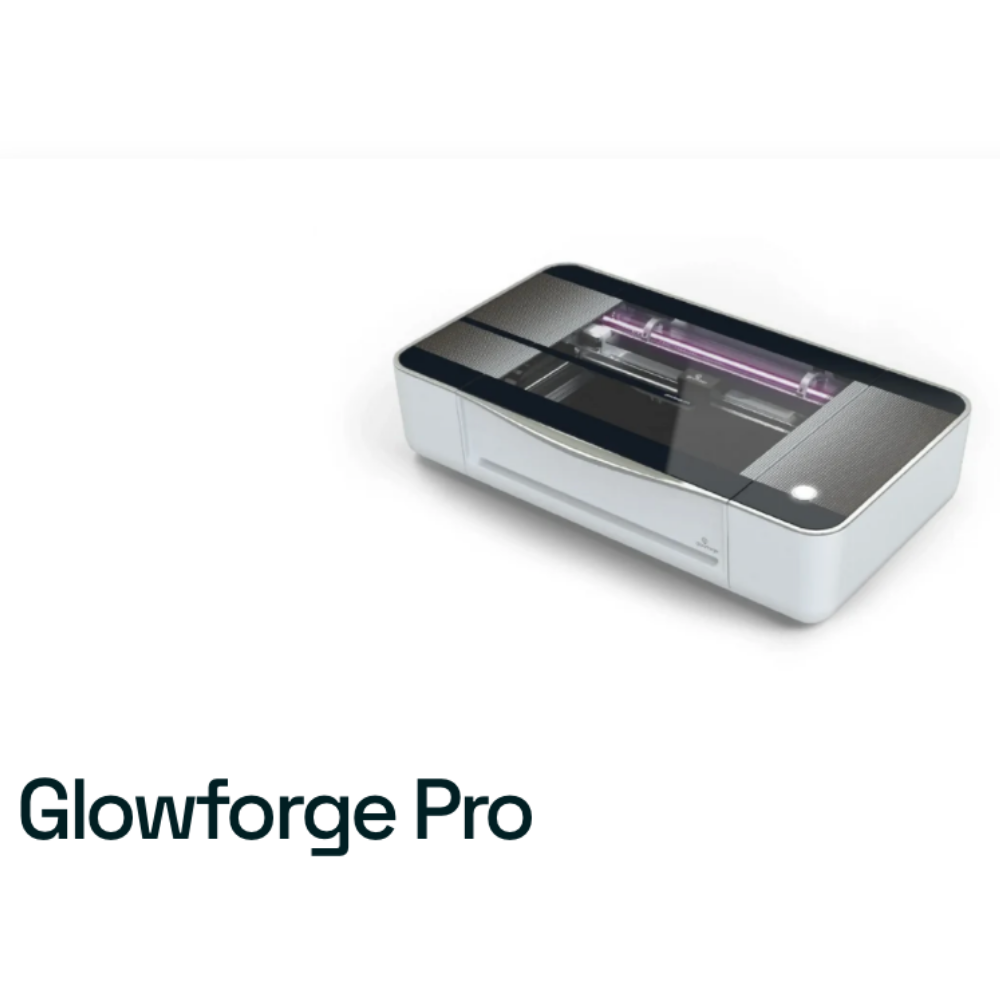 A Glowforge Pro laser cutting and engraving machine with a sleek, rectangular design is displayed on a white background—use a Glowforge Promo to save $500 on your purchase.