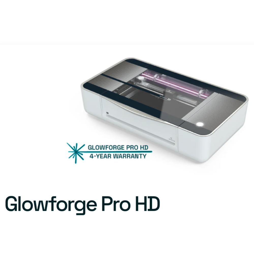 Glowforge Pro HD 3D laser printer shown from the top, with a "4-year warranty" badge on the left—apply a Glowforge discount or use a Glowforge coupon code at checkout for added savings.