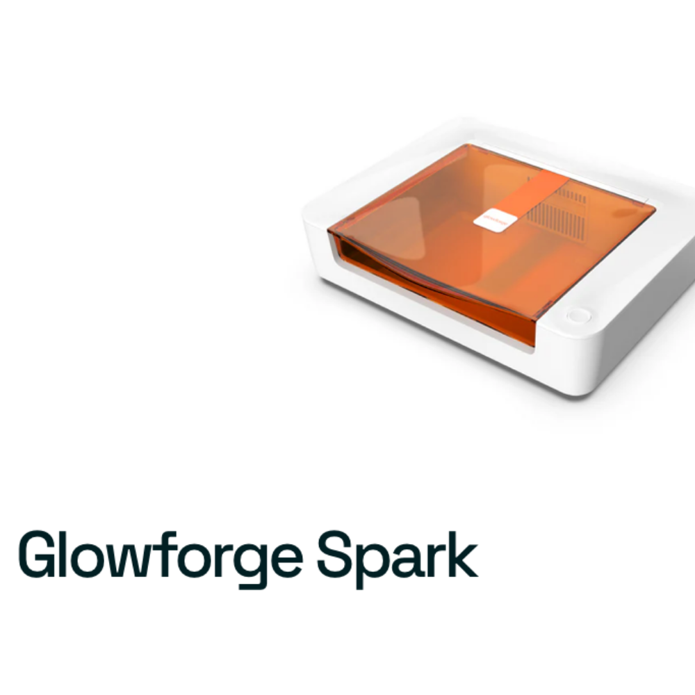A white and orange desktop device labeled Glowforge Spark, featuring a transparent orange lid and compact design, positioned on a white background—perfect for creative projects, especially when paired with a Glowforge promo for extra savings.