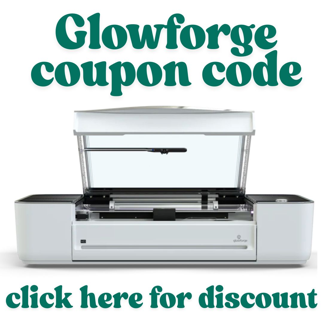 A Glowforge laser cutting machine with the lid open, accompanied by text promoting a coupon code and a clickable discount offer.