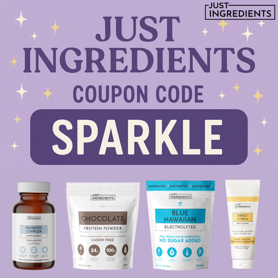 just ingredients coupon code for a discount on anything on the site promo image.