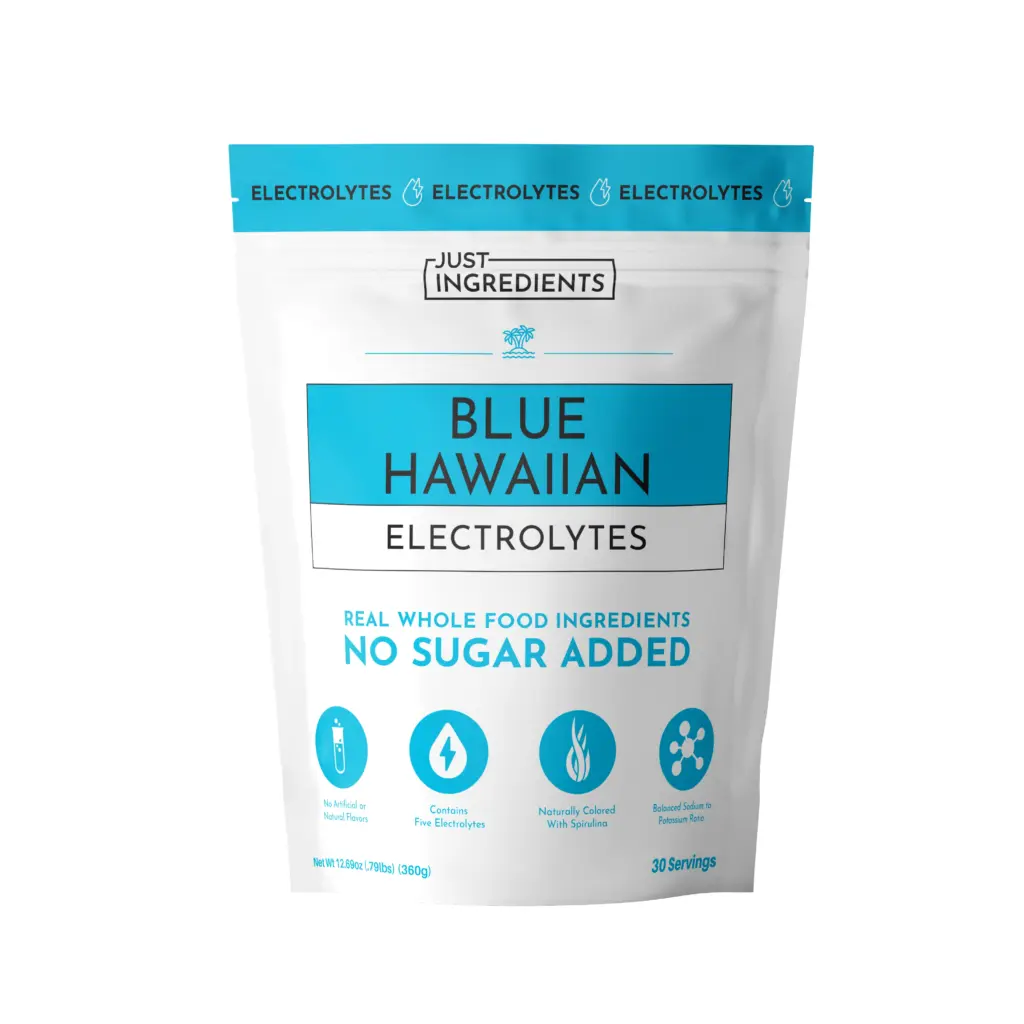 A white and blue pouch labeled "Blue Hawaiian Electrolytes" by Just Ingredients, advertising no sugar added and 30 servings—save more with a Just Ingredients Coupon Code.