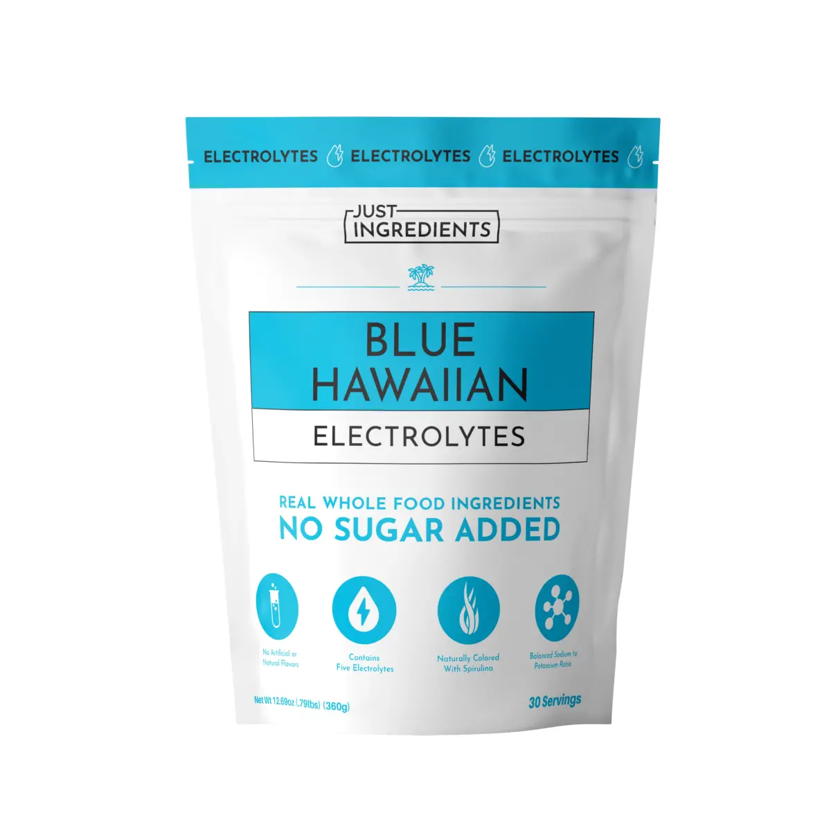 A white and blue pouch labeled "Blue Hawaiian Electrolytes" by Just Ingredients, advertising no sugar added and 30 servings&mdash;save more with a Just Ingredients Coupon Code.