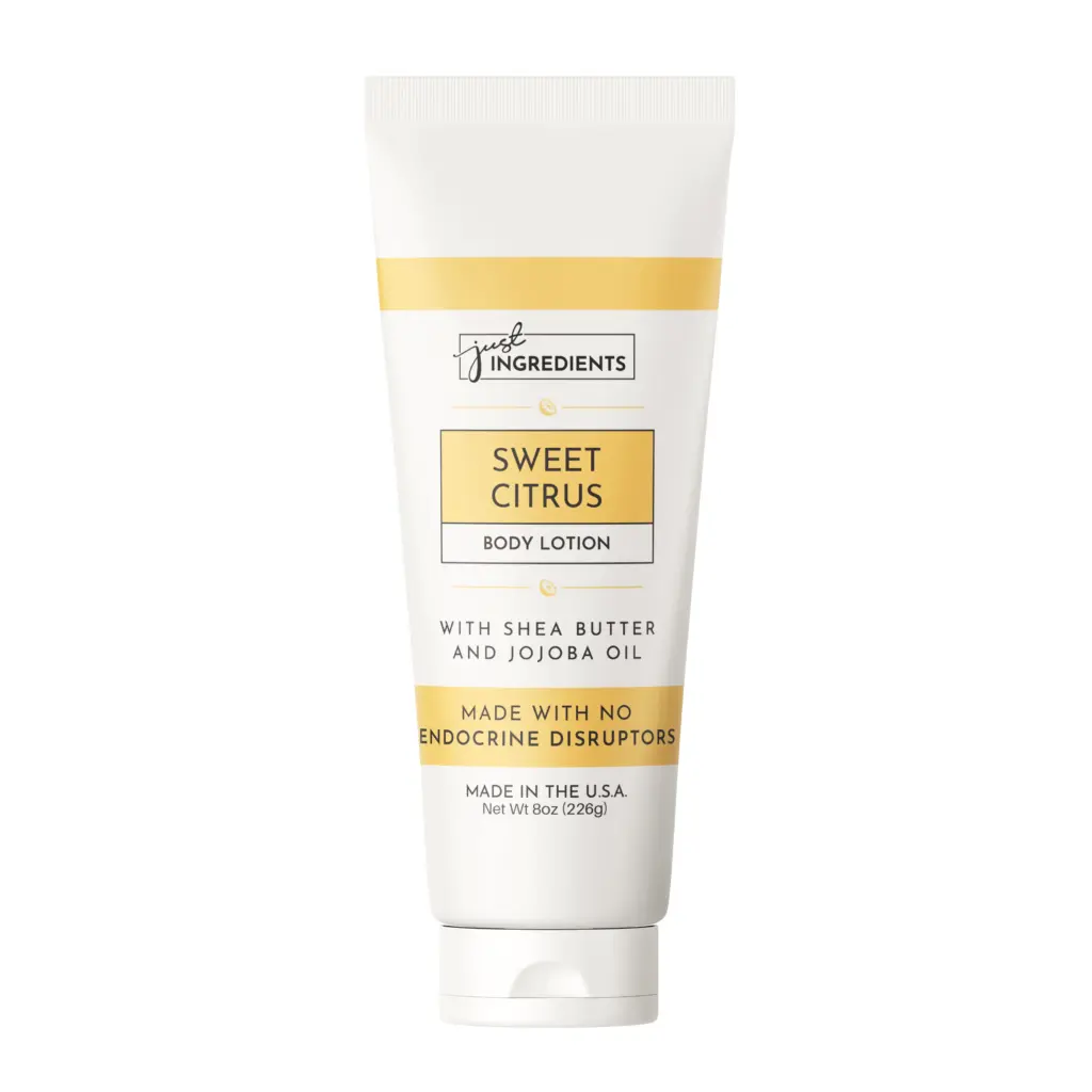 A white tube labeled "Sweet Citrus Body Lotion" with shea butter and jojoba oil, made in the USA by Pure Ingredients. Save on your purchase with a Just Ingredients Coupon Code.