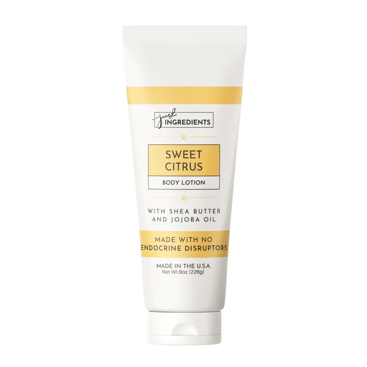 A white tube labeled "Sweet Citrus Body Lotion" with shea butter and jojoba oil, made in the USA by Pure Ingredients. Save on your purchase with a Just Ingredients Coupon Code.