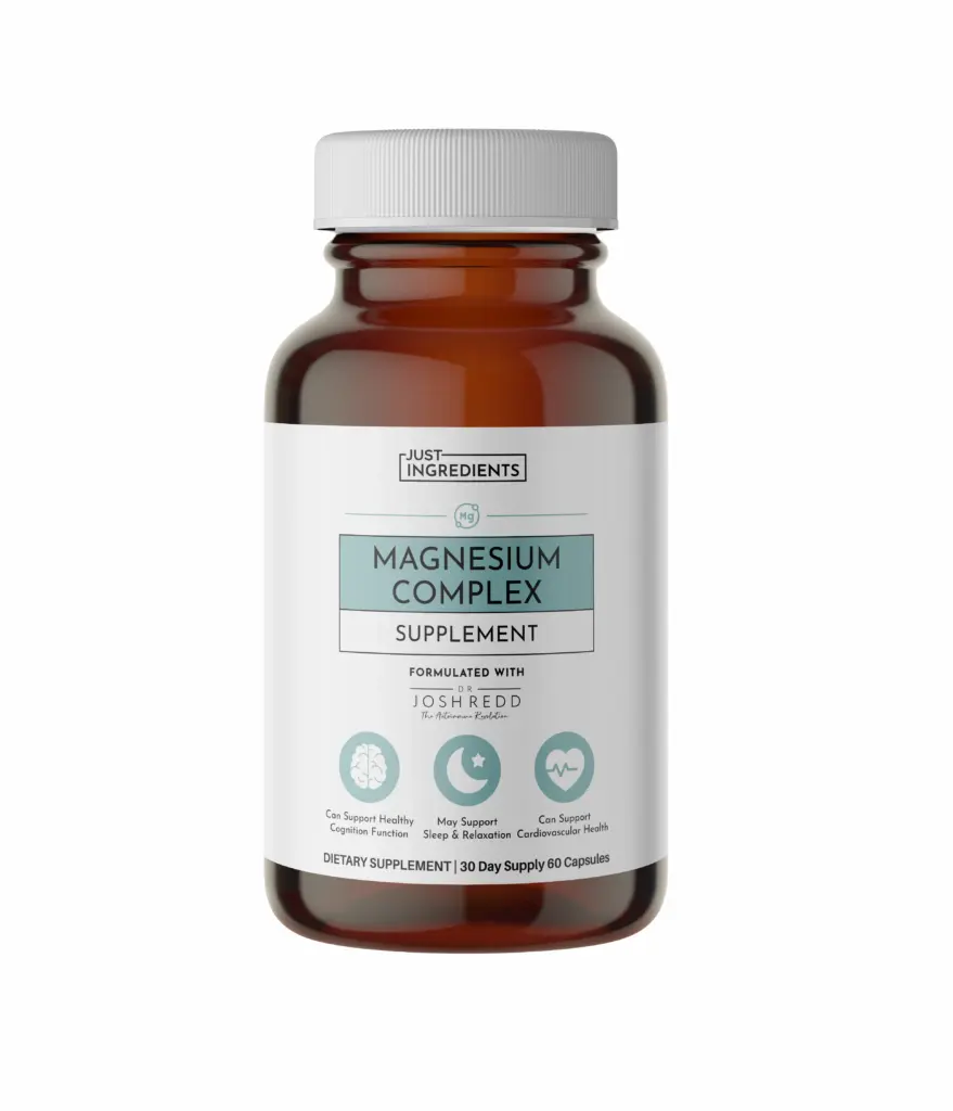 A brown bottle labeled "Magnesium Complex Supplement" with a white cap, highlighting benefits for nerve, muscle, and bone health. Contains 60 capsules for a 30-day supply—save more with a Just Ingredients Coupon Code.