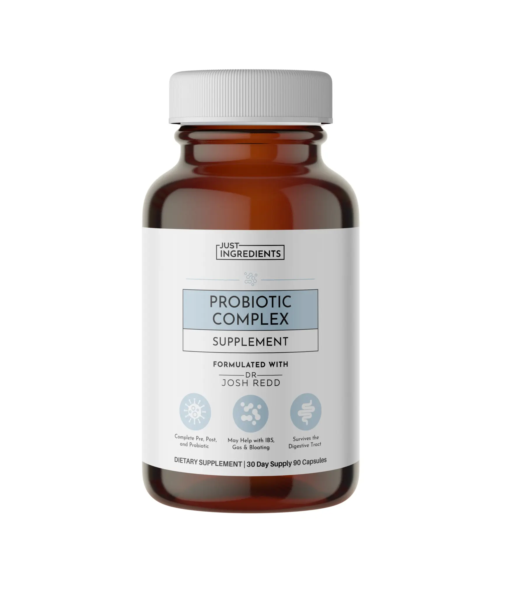 Amber bottle of Just Ingredients Probiotic Complex Supplement with a white label, gray cap, and details about formulation and benefits shown on the front&mdash;save more with a justingredients discount.