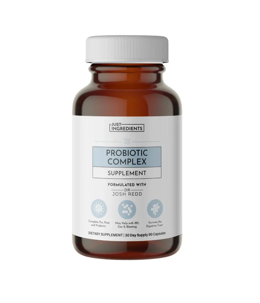 Amber bottle of Just Ingredients Probiotic Complex Supplement with a white label, gray cap, and details about formulation and benefits shown on the front—save more with a justingredients discount.