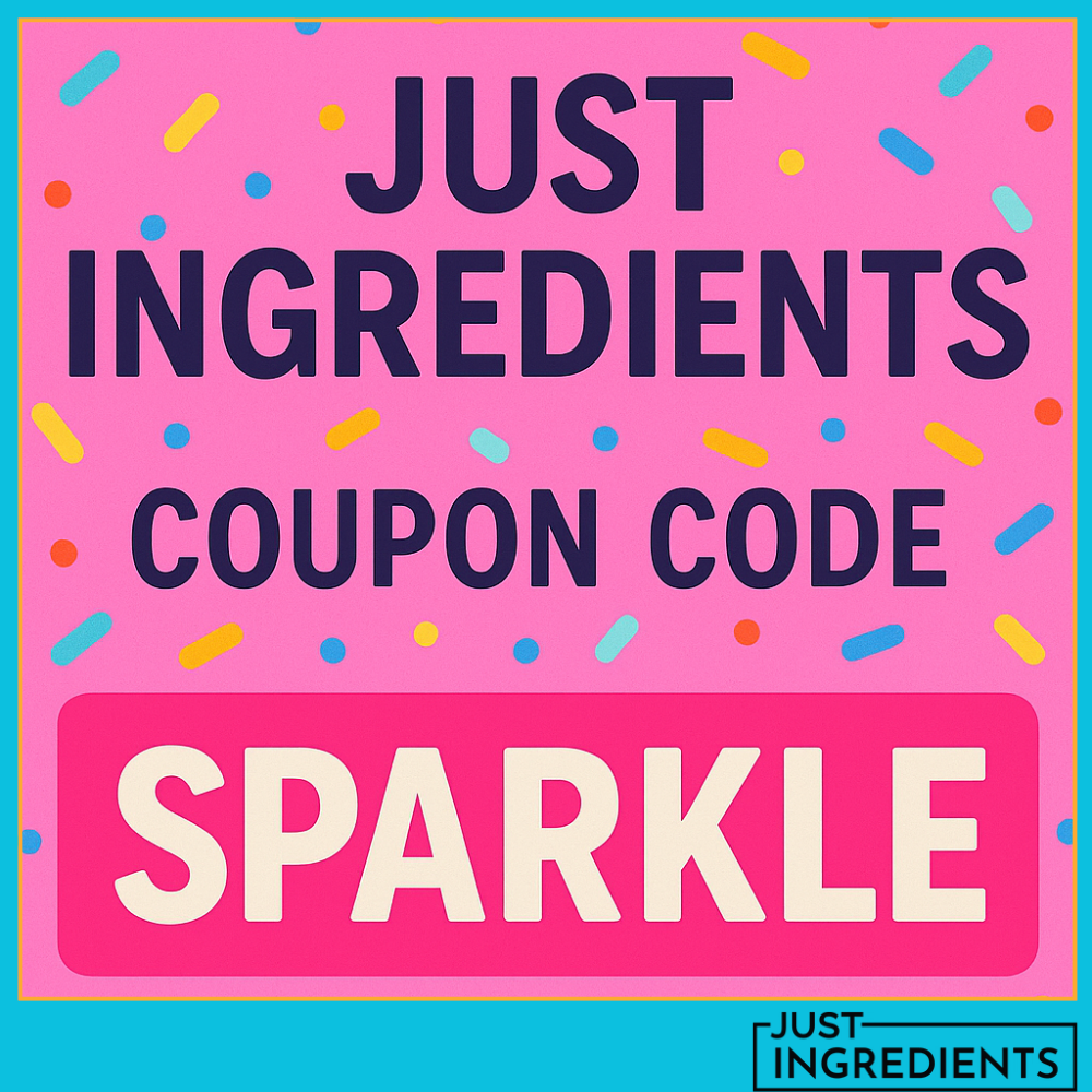 Pink confetti-style Just Ingredients promo code graphic with bold navy text and a hot pink banner displaying the just ingredients discount code SPARKLE.