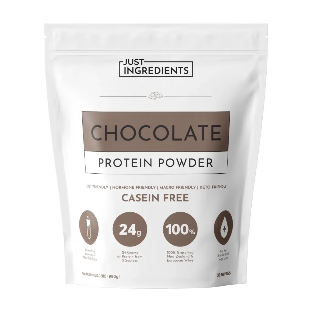 A white pouch labeled "Just Ingredients Chocolate Protein Powder," highlighting it is casein free, contains 24g protein per serving, and uses 100% grass-fed New Zealand and European whey. Save more with a justingredients discount!.
