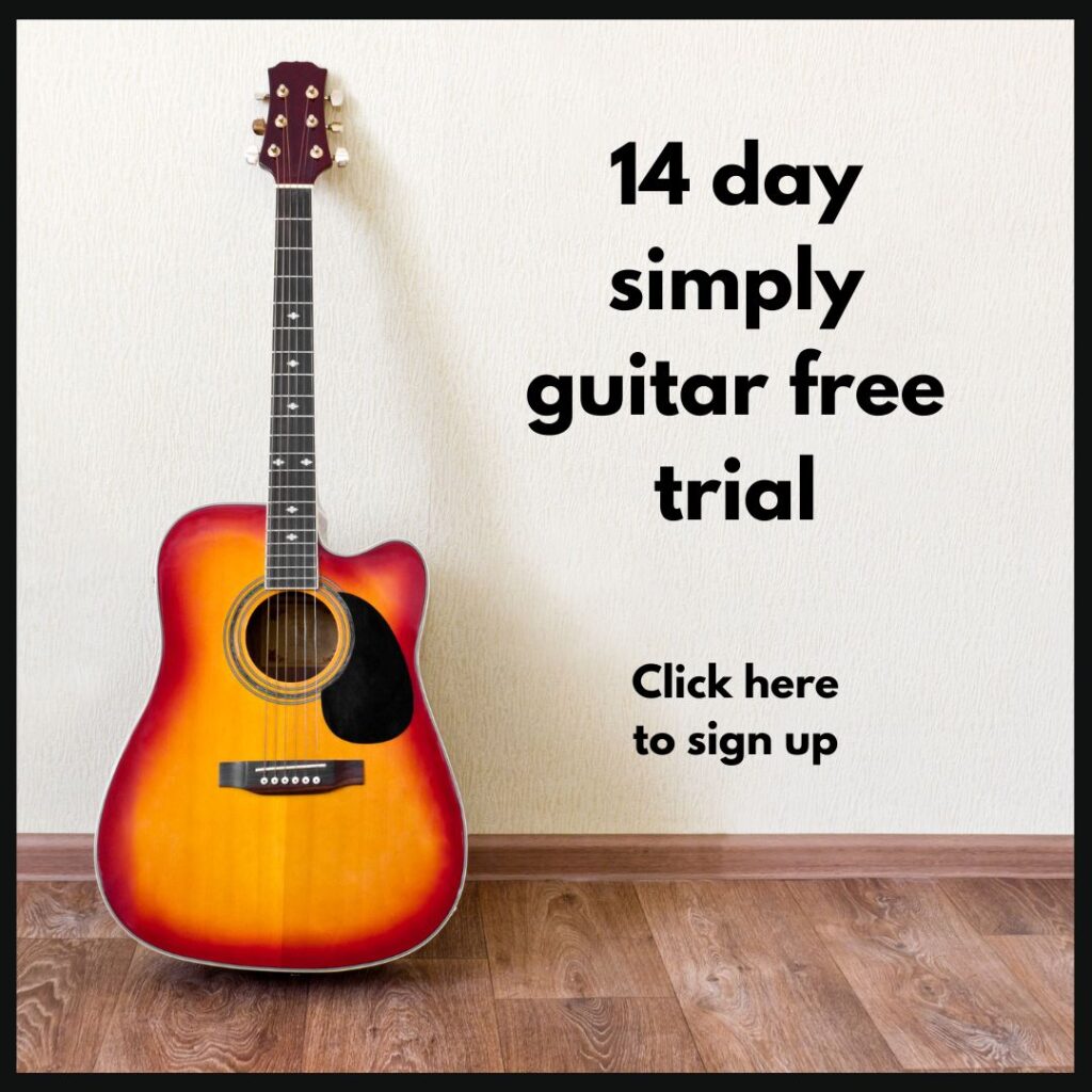 Acoustic guitar leaning against a wall on a wooden floor beside text offering a 14 Day Free Trial from Simply Guitar, with a prompt to sign up.