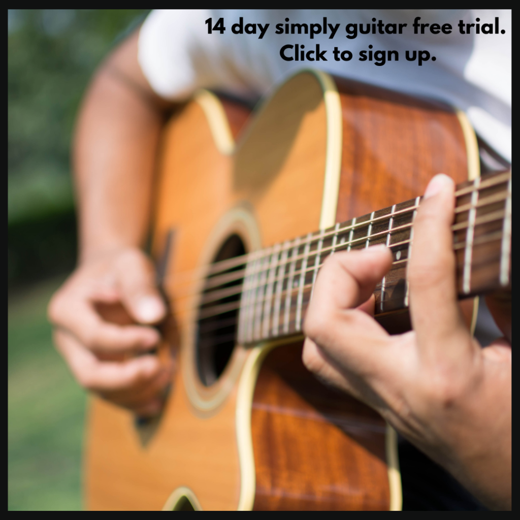 Close-up of a person playing an acoustic guitar outdoors with text promoting a Simply Guitar 14 Day Free Trial and a sign-up prompt.