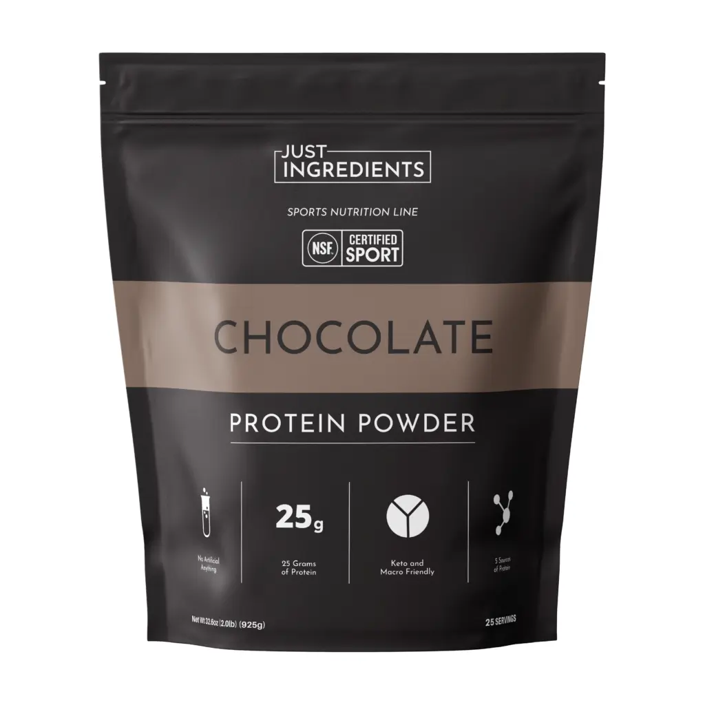 Just Ingredients NSF Certified Chocolate Protein Powder - Black packaging with 25g protein label and 5 protein sources, keto and macro-friendly.