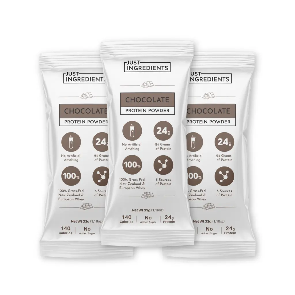 Just Ingredients Chocolate Protein Powder Travel Packs - Three single-serve packets with 24g protein each, no artificial ingredients, 5 protein sources.