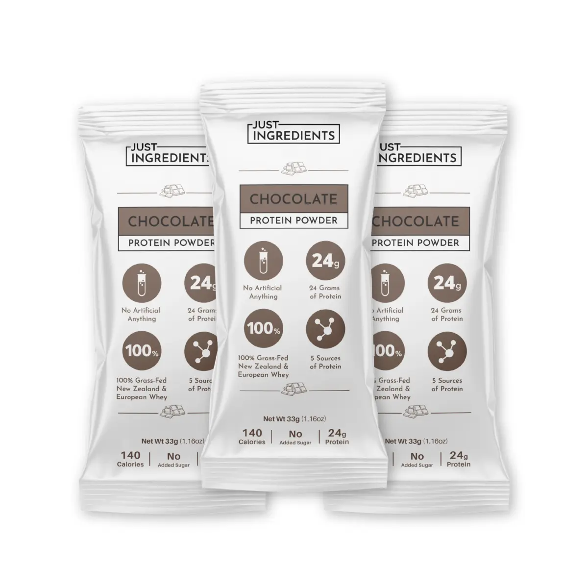 Just Ingredients Chocolate Protein Powder Travel Packs - Three single-serve packets with 24g protein each, no artificial ingredients, 5 protein sources.