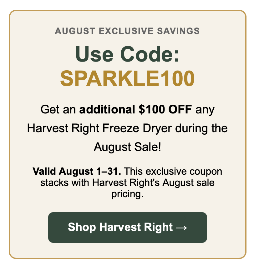 image with text for harvest right coupon code