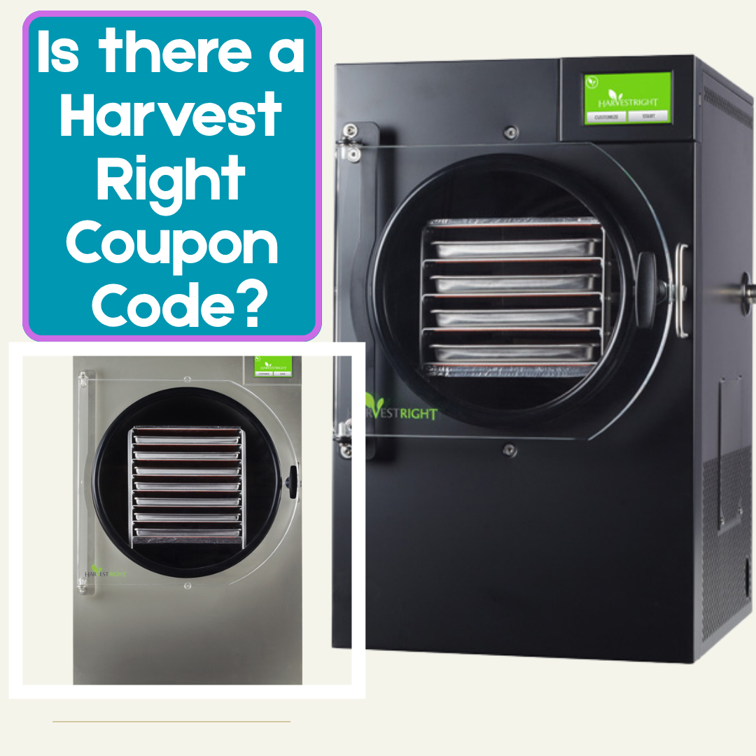 A black Harvest Right freeze dryer with trays is featured beside a question about using a Harvest Right Coupon Code. An inset image highlights the same model in silver.