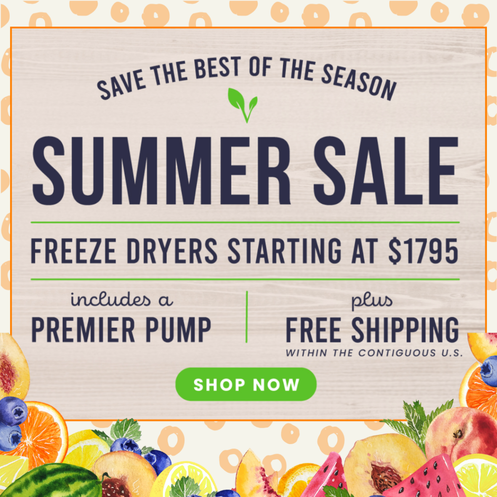 Banner advertising a summer sale on Harvest Right freeze dryers starting at $1795, including a premier pump, free shipping within the contiguous U.S., and a special Coupon Code. Features fruit illustrations and a "Shop Now" button.