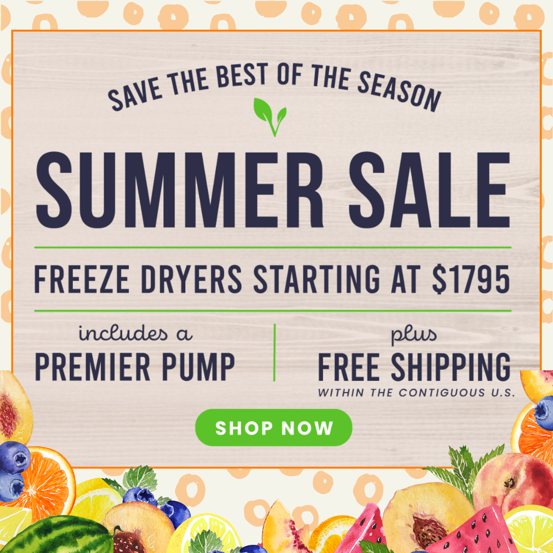 Harvest Right coupon code not required – click to view current freeze dryer deals and savings Banner advertising a summer sale on Harvest Right freeze dryers starting at $1795, including a premier pump, free shipping within the contiguous U.S., and a special Coupon Code. Features fruit illustrations and a "Shop Now" button.