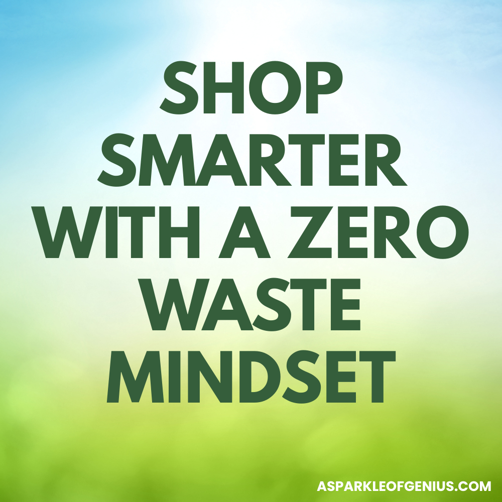 Text reads: "Shop smarter with a zero waste mindset" on a blue and green gradient background, offering zero waste tips, with "asparkleofgenius.com" in the lower right corner.